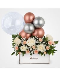 باکس گل و بادکنک رز گلد