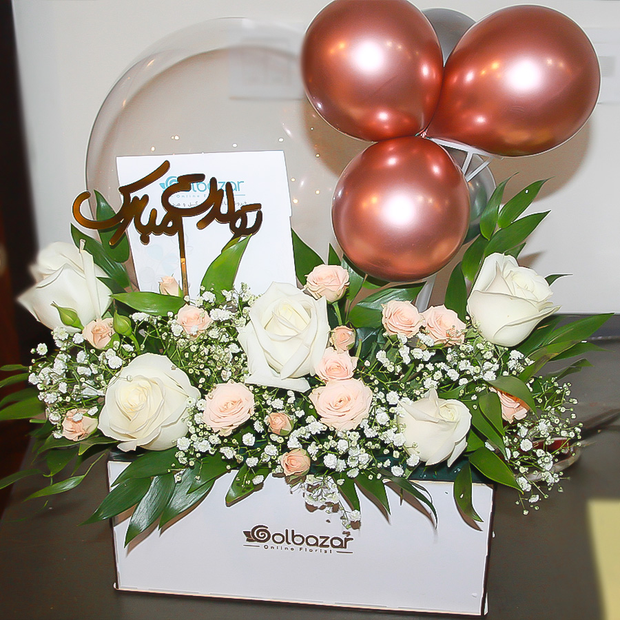 عکس نمونه ارسالی باکس گل و بادکنک رز گلد